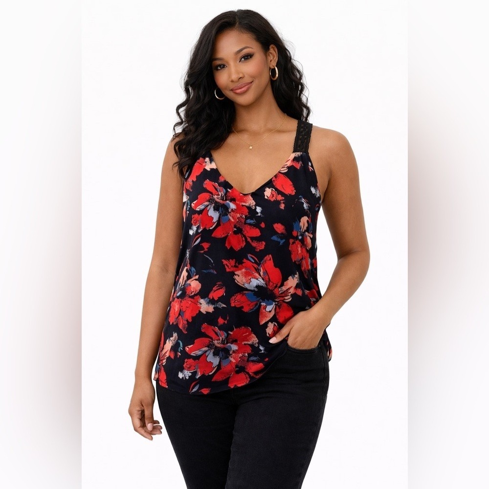 Charming Charlie- Black and Red Floral Tank Top Size‎ S